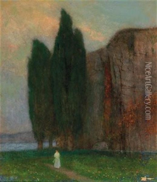 Landscape With A Figure Of A Girl Oil Painting - Jacob Schikaneder