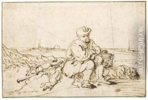 A Hunter And His Dog Seated On The Shore Oil Painting - Adam Willaerts