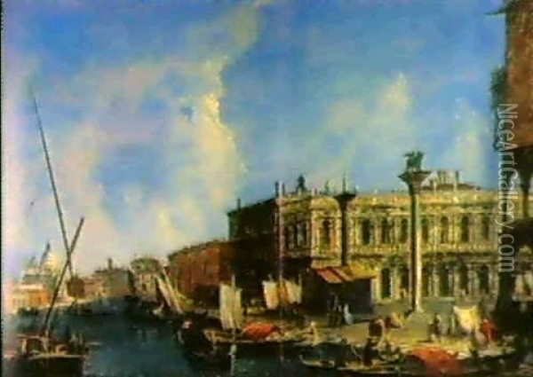 Blick Von Markusbecken Auf Die Piazetta, Den Canal Grande,  Die Dogana Und Santa Maria Della Salute Oil Painting - Michele Marieschi