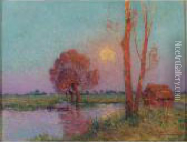 Coucher De Soleil En Briere Oil Painting - Ferdinand Loyen Du Puigaudeau