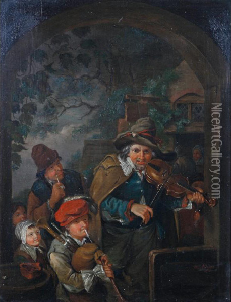 A Group Of Tavern Musicians Under An Arch Oil Painting - John William Allison