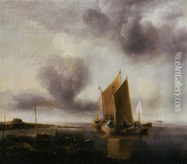 Two Smalschips And Other Shipping Off A Sandbank In A Calm Oil Painting - Jan Van De Cappelle