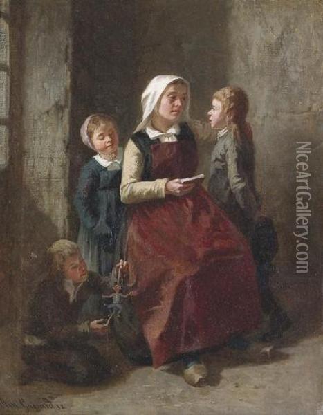 Familienidylle Mit Spielenden Kindern Und Lesender Mutter. Oil Painting - Amedee Guerard