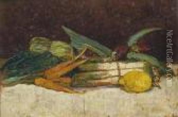 Natura Morta Con Asparagi E Carote Oil Painting - Giovanni Bartolena