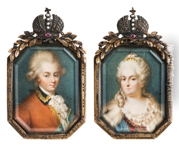 Two Miniature Portraits, Probably Maria Fjodorowna (1759 - 1828), Tsarina Of Russia, Nee Sophie Dorothee Auguste Luise Princess Of Wurttemberg, And A Nobleman Oil Painting - Augustin Ritt