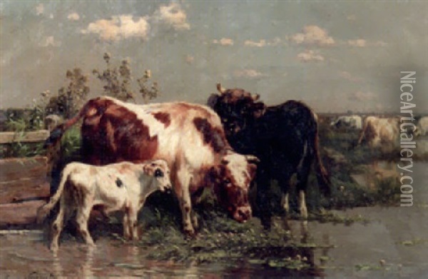 Cattle Drinking Oil Painting - Henry Schouten