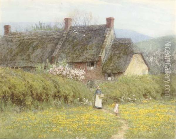 A Cottage With A Mother And Child, Near Bridport, Dorset Oil Painting - Helen Mary Elizabeth Allingham