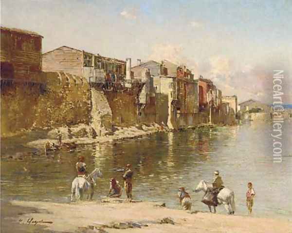 Figures on a river bank Oil Painting - Victor Pierre Huguet