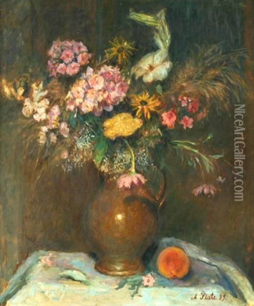 Stilleben Mit Sommerblumen In Brauner Vase Auf Tisch Mit Einem Pfirsich Oil Painting - Anna Plate