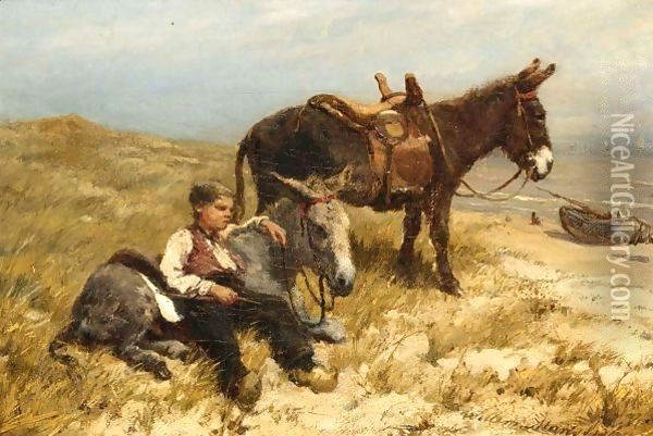 A Herdboy With Donkeys On Scheveningen Beach Oil Painting - Willem Maris