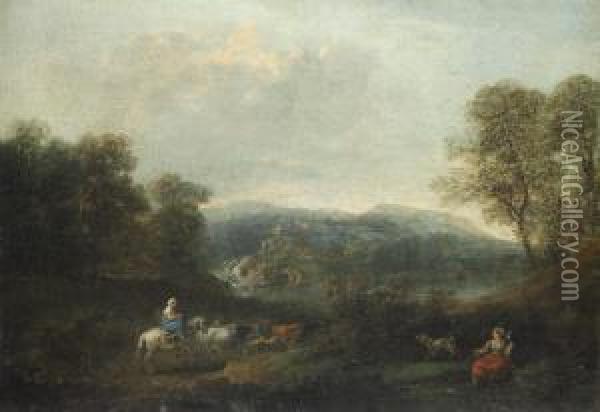 Landscape With Figures And Animals; Youngwoman Oil Painting - Francesco Zuccarelli