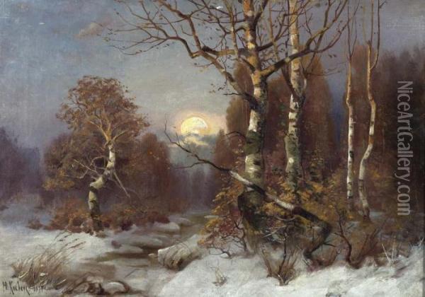 Sonnenuntergang Uber Einem Winterwald. 1897. Oil Painting - Iulii Iul'evich (Julius) Klever