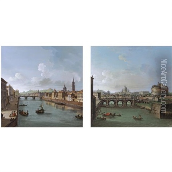 Florence, A View Of The River Arno Towards To The Ponte Santa Trinita And The Ponte Vecchio (+ Rome, A View Of The Tiber With The Castel Sant Angelo And St. Peter's Basilica; Pair) Oil Painting - Antonio Joli