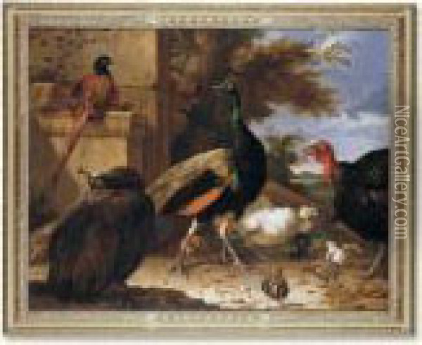 A Peacock, A Pea-hen, A 
Pheasant, A Turkey, A Cockerel And Chicks By A Wall, A Landscape Beyond Oil Painting - Melchior de Hondecoeter
