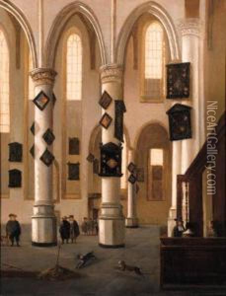 A View In The Oude Kerk, Delft, 
Looking East From The Northernaisle, With Townsfolk Near An Open Grave Oil Painting - Hendrick Van Vliet