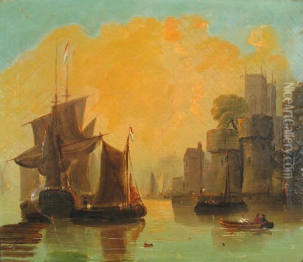 A Harbor Scene With A Castle In The Foreground Oil Painting - Edward Calvert