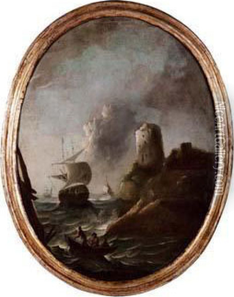 Paesaggio Costierocon Imbarcazioni Presso Una Torre Oil Painting - Alessandro Magnasco
