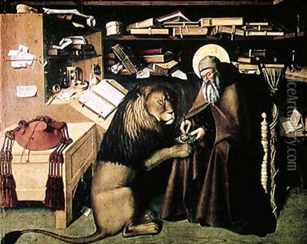 St. Jerome Removing a Thorn from the Lion's Paw c.1445 Oil Painting - Niccolo Antonio Colantonio