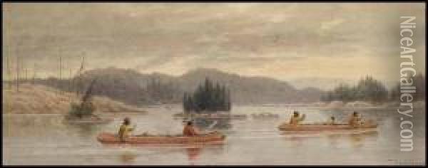 Indians Traveling By Canoe Oil Painting - Frederick Arthur Verner