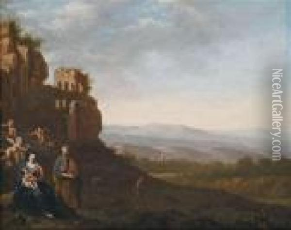 Italianate Landscape With The Flight Into Egypt. Oil Painting - Jan van Haensbergen