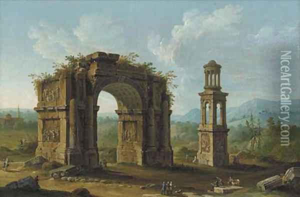 San Remy, Southern France, with ruins of a monumental arch and an early first-century tomb of the Julii at Glanum Oil Painting - Antonio Joli
