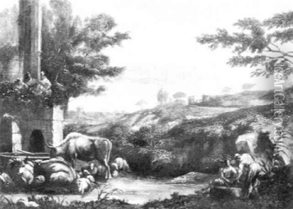 A Landscape With Herdsmen And Herd Oil Painting - Marco Ricci