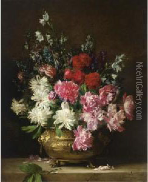 A Flower Still Life With Peonies, Bell-flowers, Aconites And Delphinium Oil Painting - Gabriel Schachinger