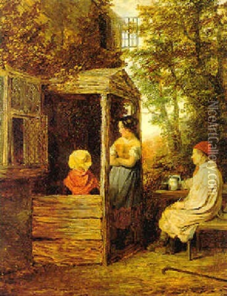 Family Outside A Cottage Door Oil Painting - Edmund Bristow