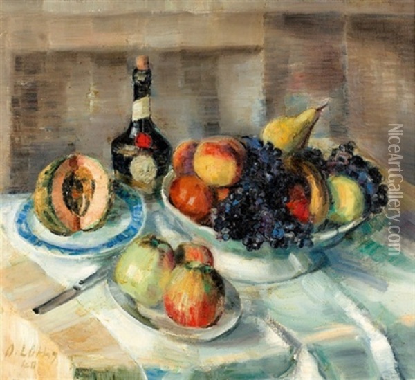 Stillleben Mit Fruchten Und Flasche Auf Einem Tisch Oil Painting - Oscar Wilhelm Luethy