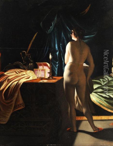 Frauenakt Im Schlafgemach Vor Kerzenlicht Oil Painting - Wolfgang Heimbach