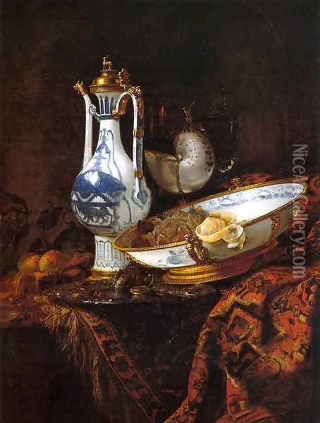 Still-Life with an Aquamanile, Fruit, and a Nautilus Cup Oil Painting - Willem Kalf