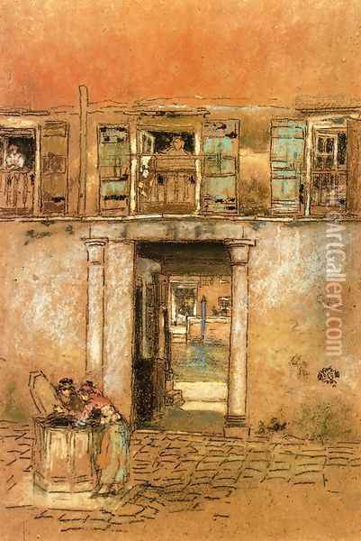 Courtyard and Canal Oil Painting - James Abbott McNeill Whistler