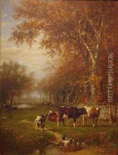 Cows Before A Watering Hole Oil Painting - James McDougal Hart