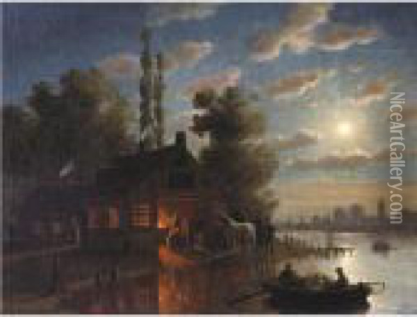 Blacksmith's Shop, Moonlight Oil Painting - Johann Mongels Culverhouse