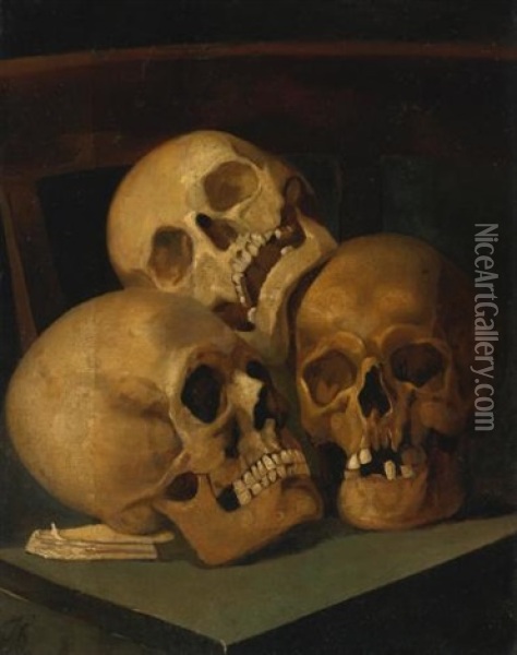Still Life Of Three Skulls Oil Painting - Hendrik Jan Augustyn Leys