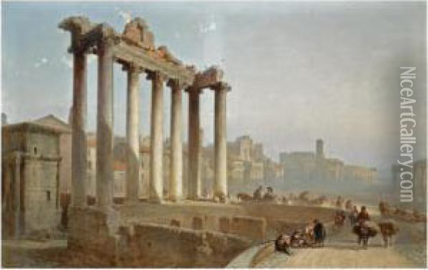 Figures Near The Temple Of Saturn On The Forum Romanum, Rome Oil Painting - Graaf Bylandt Alfred Edouard Van Agenor