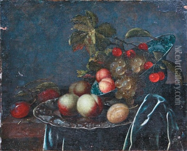 Peches, Raisins Et Cerises Sur Un Entablement Oil Painting - Jan Davidsz De Heem