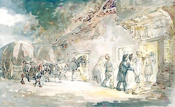 Travellers Outside An Inn Oil Painting - Thomas Rowlandson