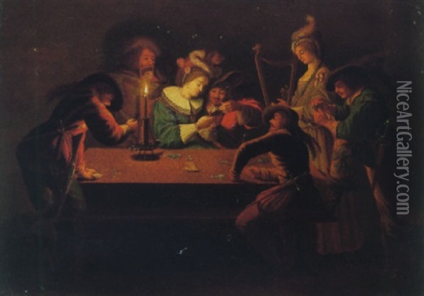 Merry Company Playing Cards Around A Table, By Candlelight Oil Painting - Jacques Callot