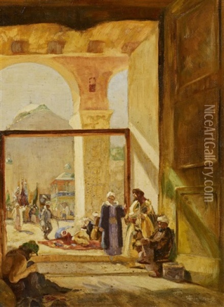 Der Vorhof Der Omaijaden Moschee In Damaskus (preliminary Study) Oil Painting - Gustav Bauernfeind