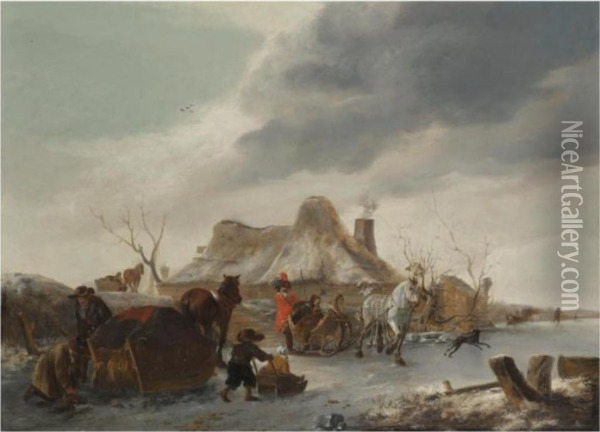 A Winter Landscape With Figures Traversing A Frozen Lake Oil Painting - Pieter Wouwermans or Wouwerman