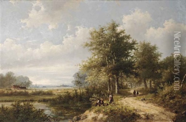 A Summer's Day With A Family Fishing By A Pond Oil Painting - Hendrik Pieter Koekkoek