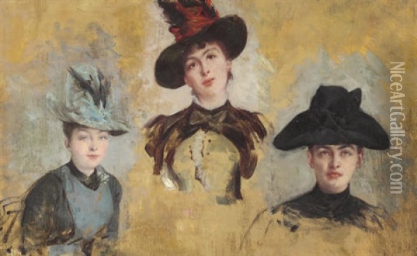 Trois Femmes En Chapeaux Oil Painting - Georges Jules Victor Clairin