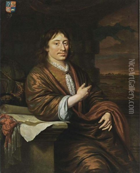 A Portrait Of Gerard Pietersz. 
Hulft (1621-1656), Seated Three-quarter Length, Wearing A Red Overcoat 
Over A Yellow Suit With A White Lace Chabot, Leaning On A Pedestal With A
 Still Life Of Maps, A Sword And A Globe, An Exotic Landscape Beyond Oil Painting - Michiel van Musscher