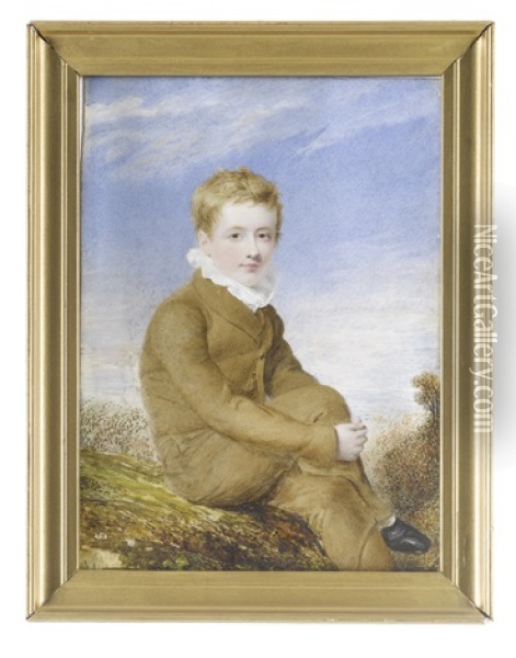 A Boy, Called William Bailey, Seated On A Grassy Mound, His Hands Clasped Around His Right Knee, Wearing Tan Trousers And Matching Jacket, White Chemise With Frilled Collar And Black Shoes Oil Painting - William Egley
