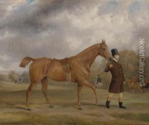 A Bay Hunter And Groom, With A Hunt Beyond, In An Extensivelandscape Oil Painting - John Paul