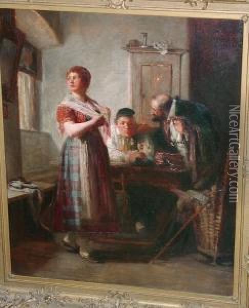 A Shawl Seller In An Interior Oil Painting - Friedrich Ortlieb