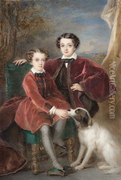 Two Boys Of The Hennessy Family, The Younger Seated On A Green Upholstered Chair, Wearing Rust-coloured Petersham Coat, The Elder, Standing, Wearing Trimmed Burgundy Cape Over Black Suit Oil Painting - Pierre Paul Emmanuel de Pommayrac