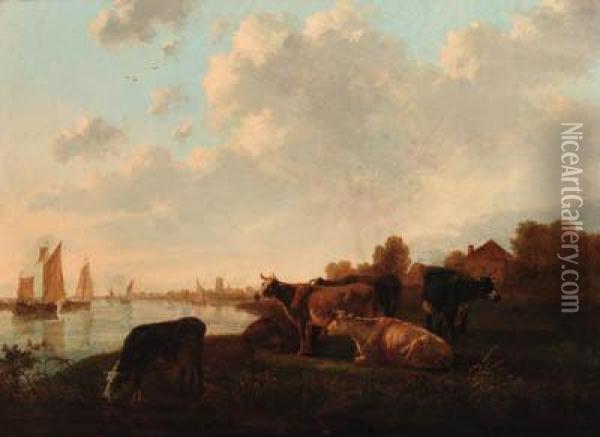 Cattle Grazing In A Meadow By A Canal Oil Painting - Jacob Van Stry