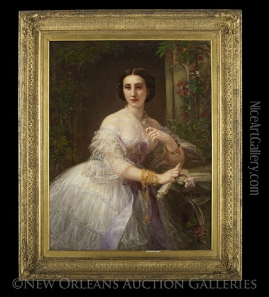 Portrait Of A Lady In White, Under An Arbor Oil Painting - Bernardo Amiconi
